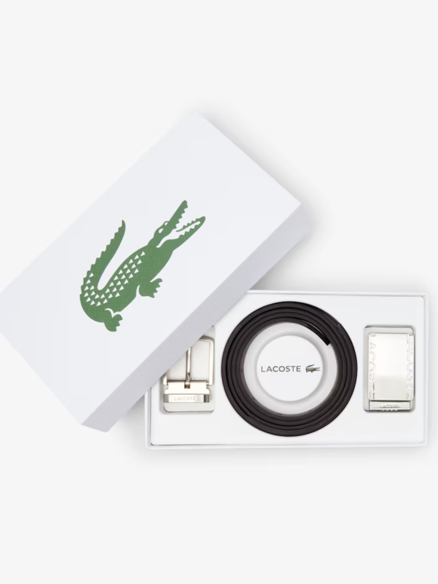 LACOSTE Smooth Leather Belt and 2 Buckle Gift Set Black Brown