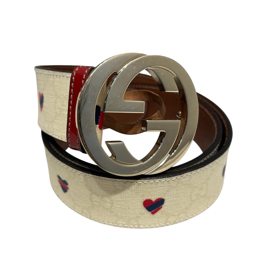 GUCCI/Belt/Monogram/Leather/CRM/RED BLUE HEARTS