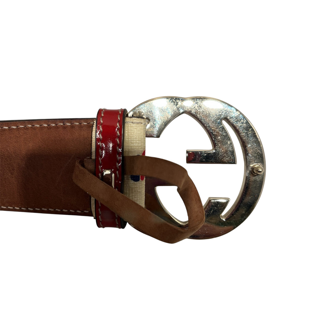 GUCCI/Belt/Monogram/Leather/CRM/RED BLUE HEARTS