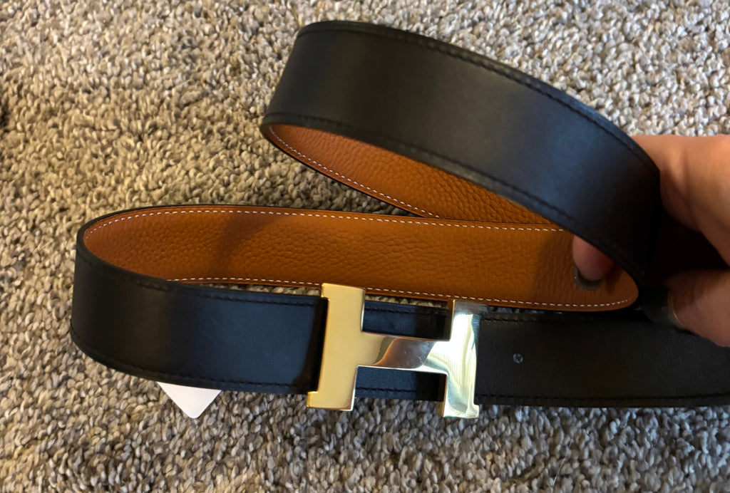 H Hermes Tan/Black Leather Reversible Belt 2637 | Hermès belt