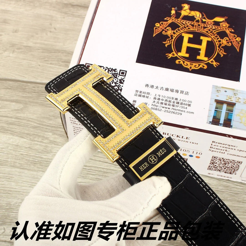 HM Original Belt 38mm Black Crocodile Pattern Gold Buckle 620264 |Hermès belt