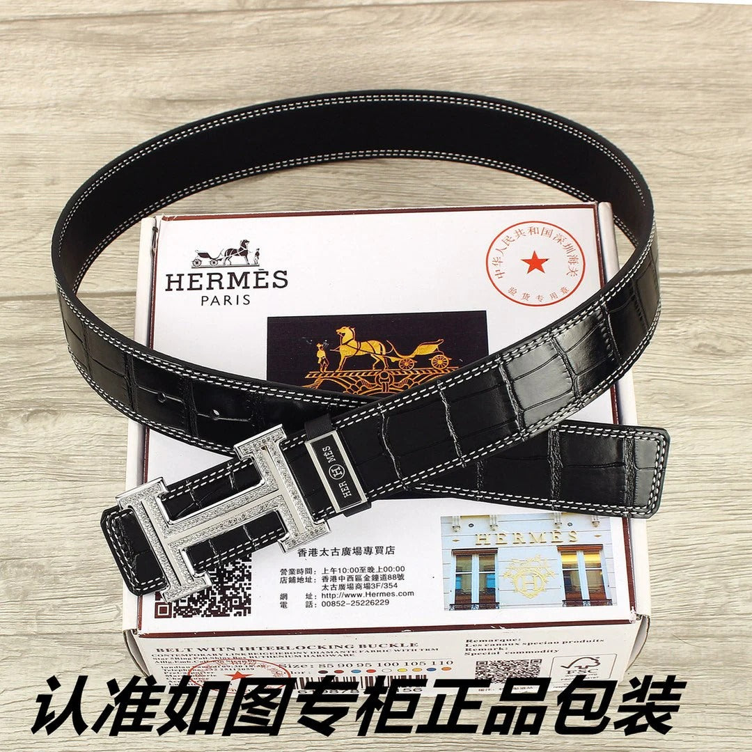 HM Original Belt 38mm Black Crocodile Pattern Sliver Buckle 620265 | Hermès belt