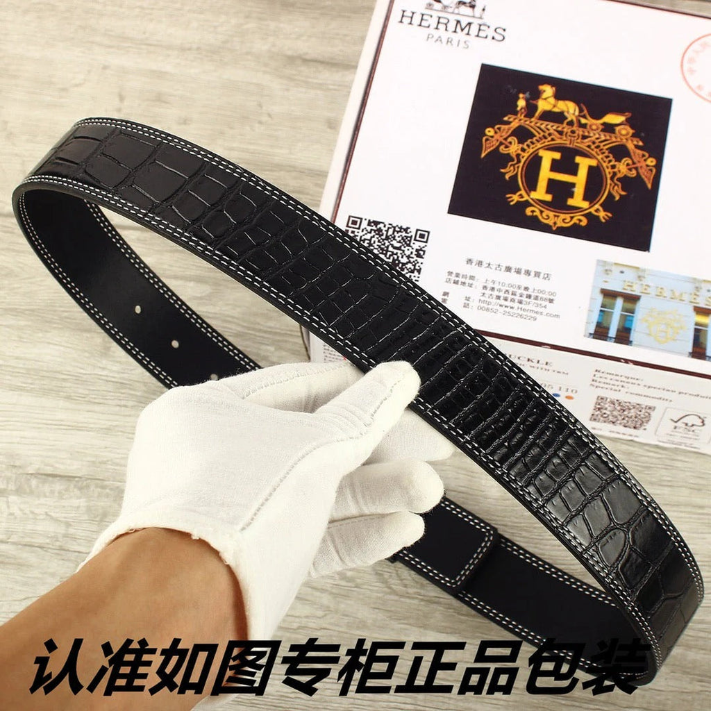 HM Original Belt 38mm Black Crocodile Pattern Gold Buckle 620264 |Hermès belt