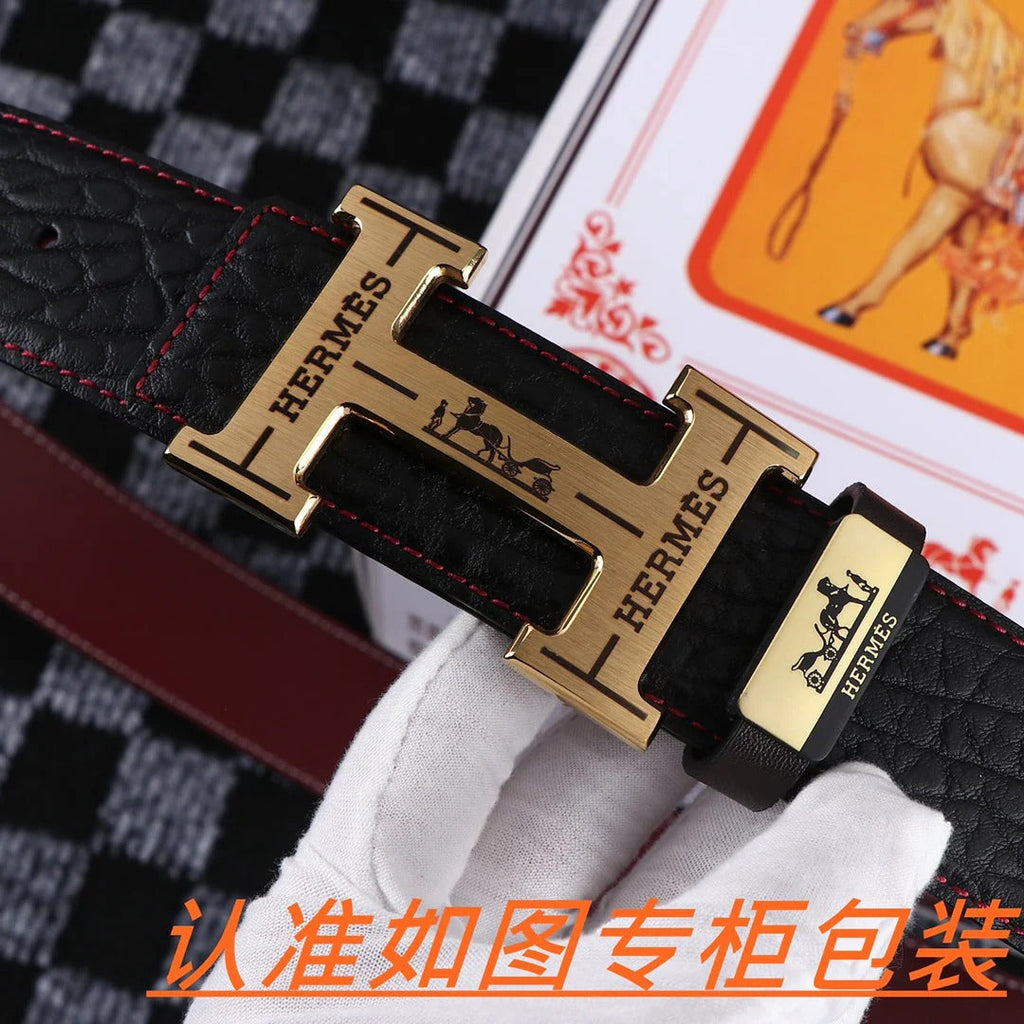 HM Belt 38mm Black Cowhide Leather Gold Buckle 619053 |Hermès belt
