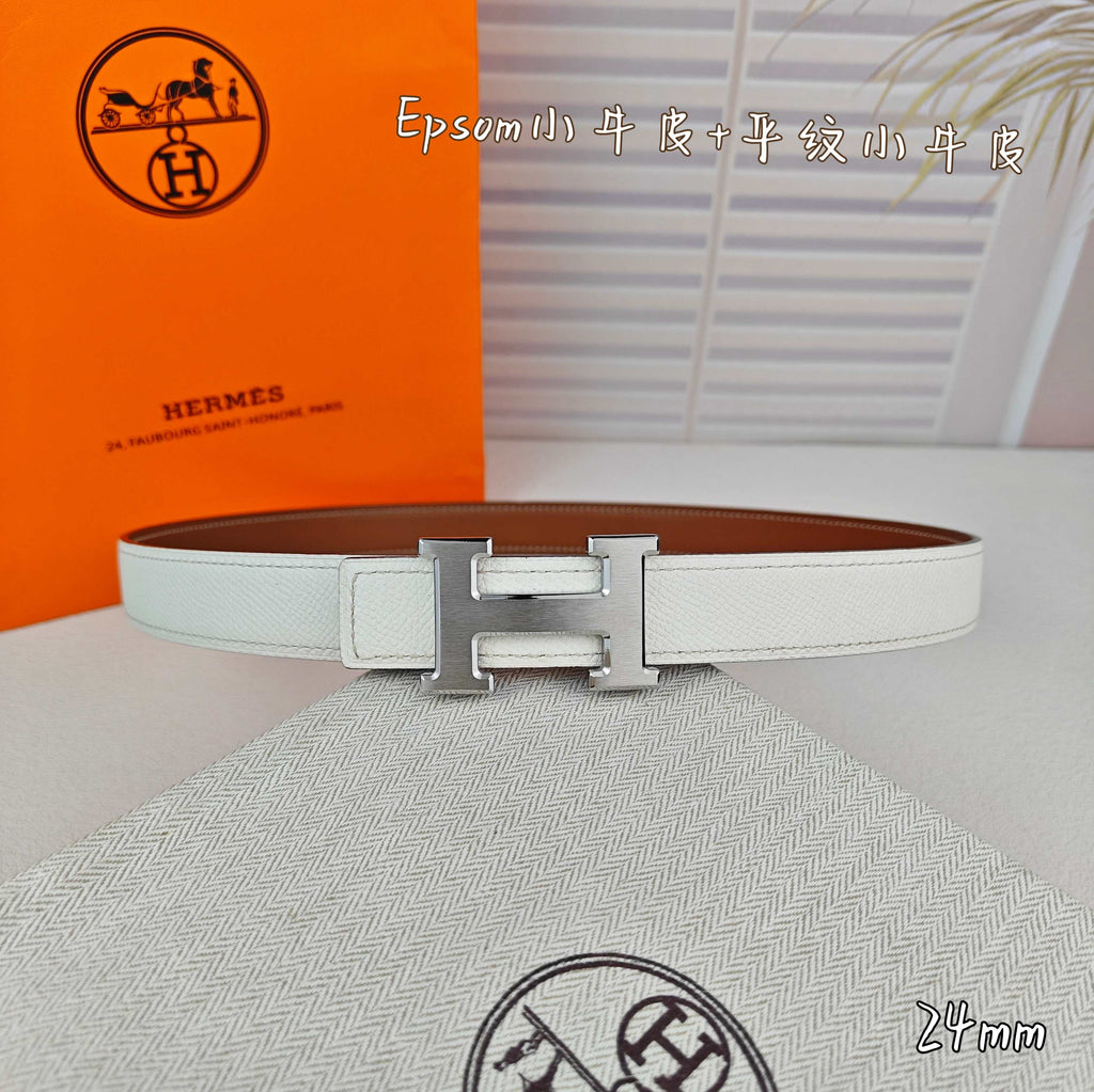 H Guillochee Buckle Belt 2.4cm Tan White Espom 211232 |Hermès belt