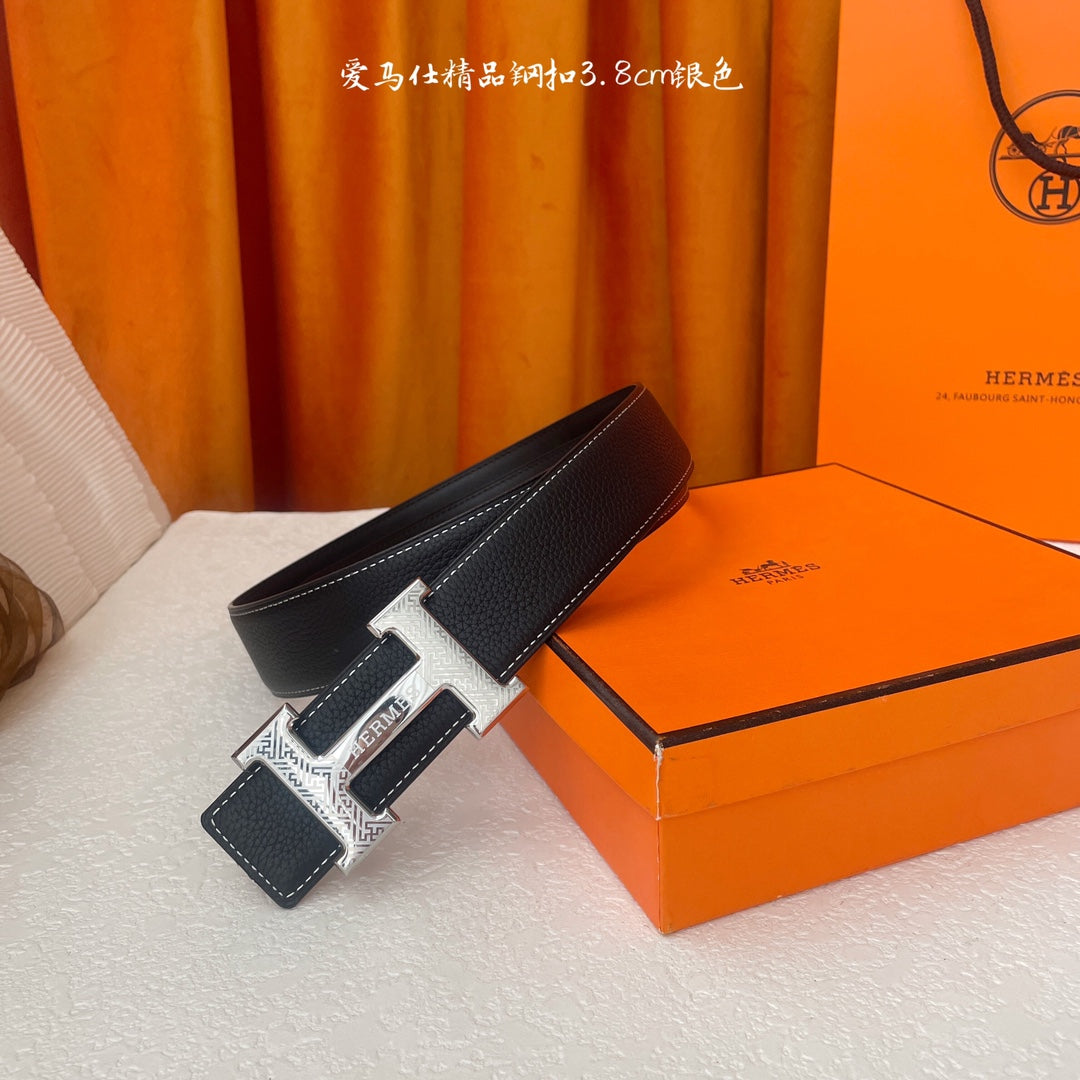 HM Silver Buckle H Belt 38mm Black Calfskin 187186|Hermès belt