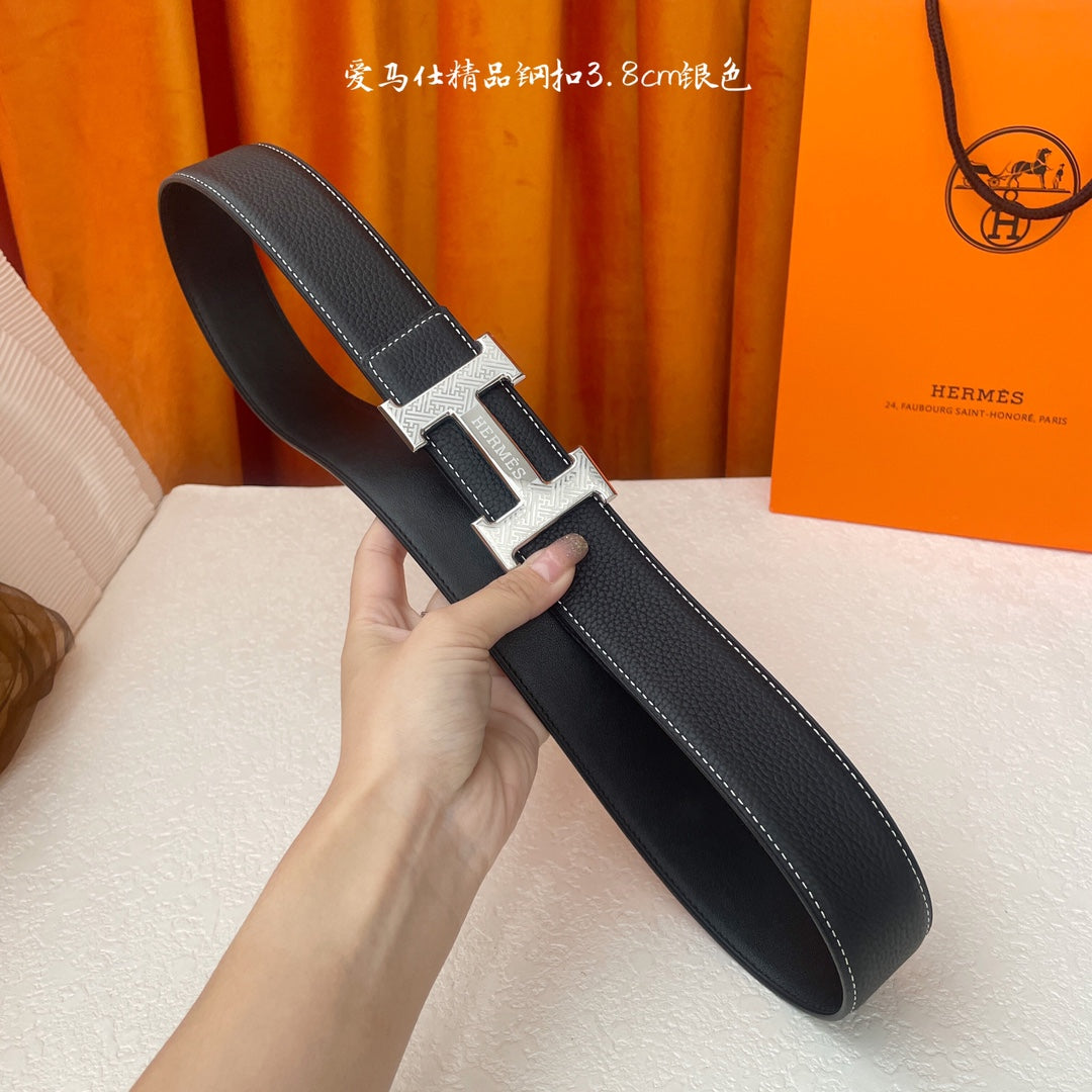 HM Silver Buckle H Belt 38mm Black Calfskin 187186|Hermès belt