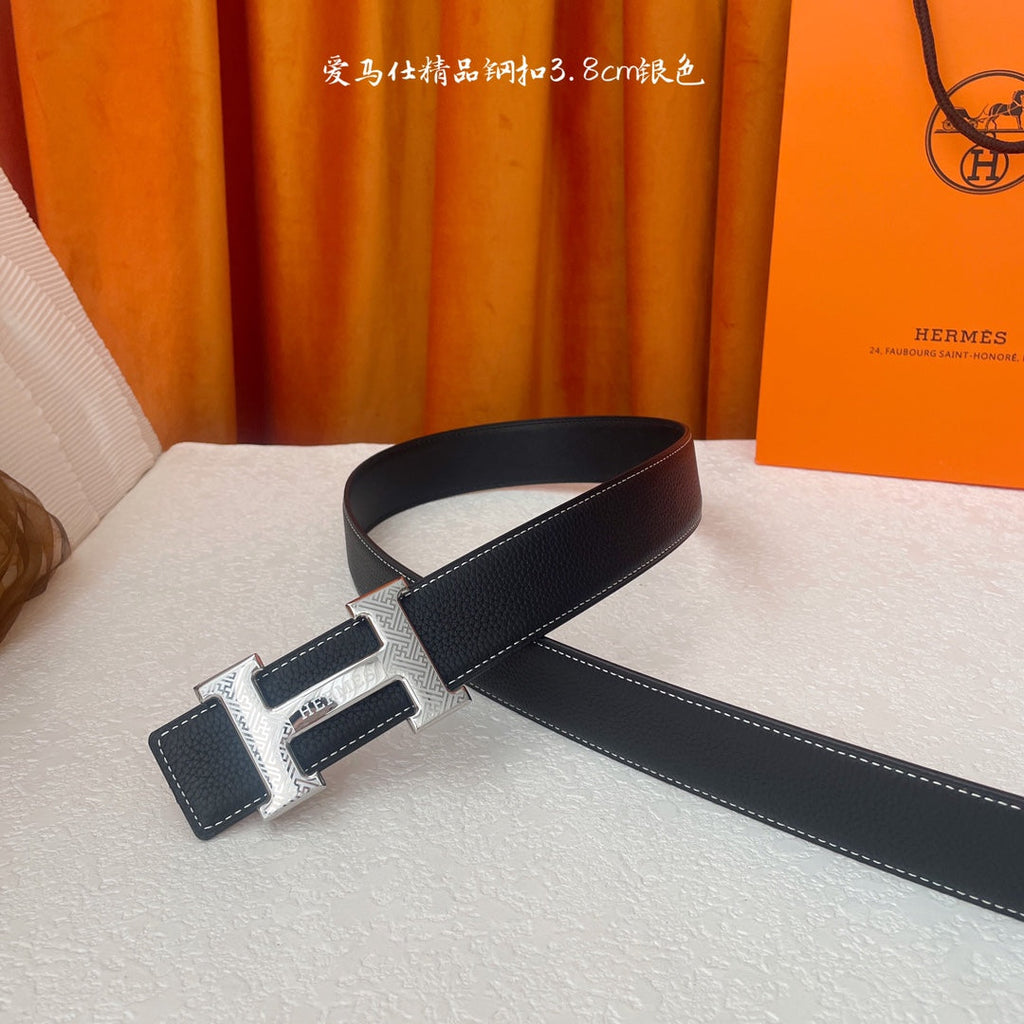 HM Silver Buckle H Belt 38mm Black Calfskin 187186|Hermès belt