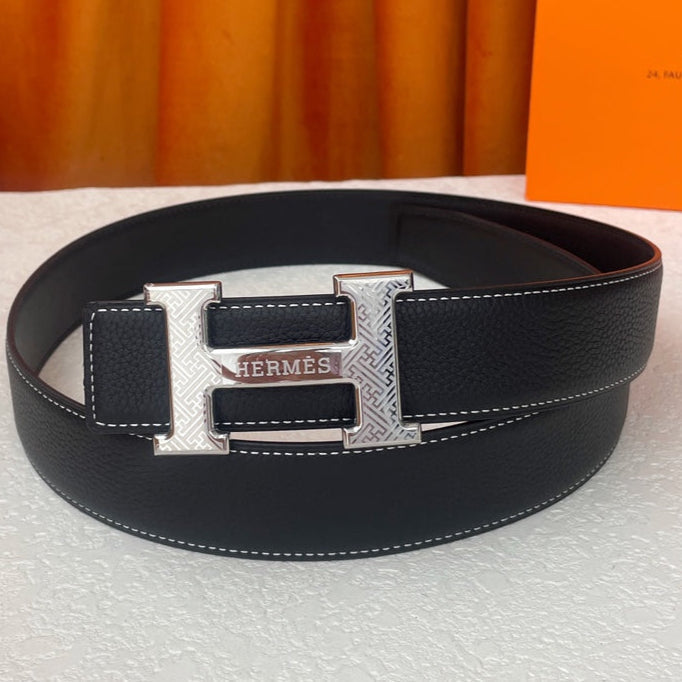 HM Silver Buckle H Belt 38mm Black Calfskin 187186|Hermès belt