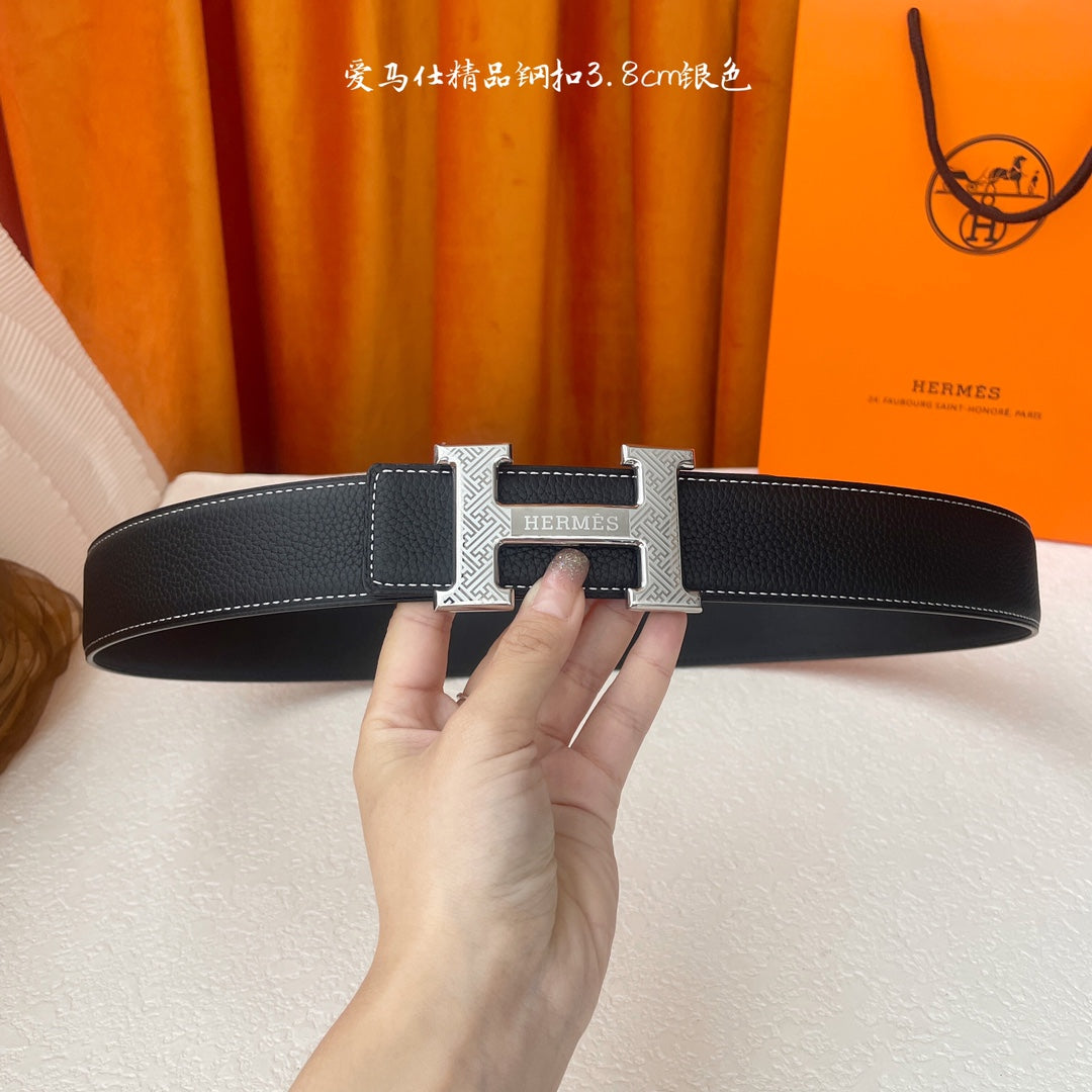 HM Silver Buckle H Belt 38mm Black Calfskin 187186|Hermès belt