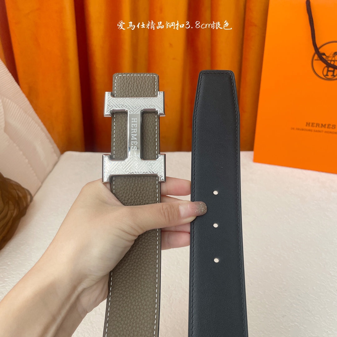 HM Silver Buckle H Belt 38mm Etoupe Calfskin 187184|Hermès belt