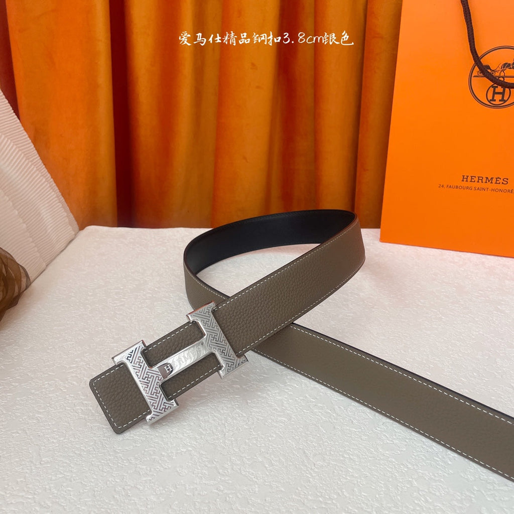 HM Silver Buckle H Belt 38mm Etoupe Calfskin 187184|Hermès belt