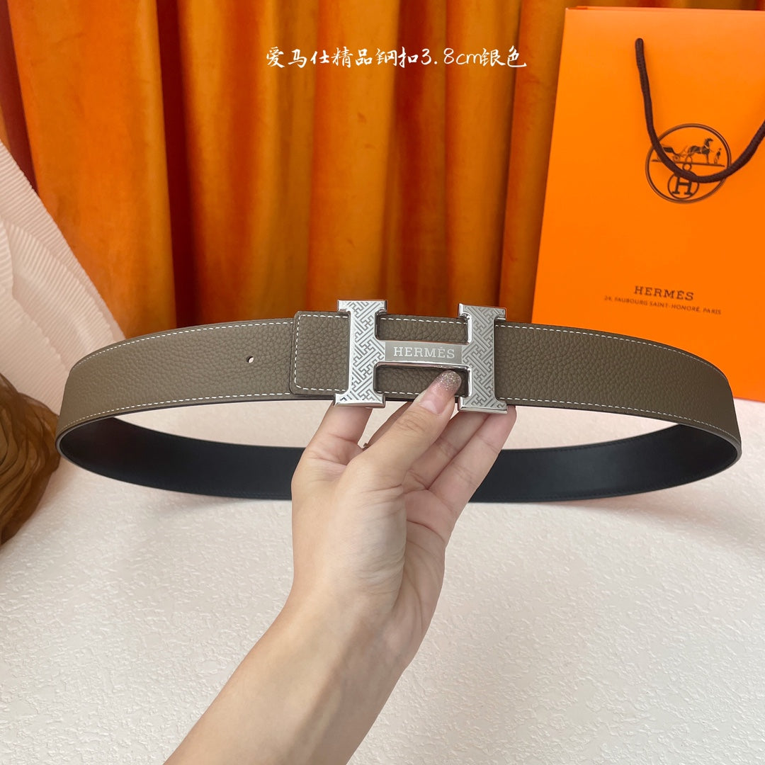 HM Silver Buckle H Belt 38mm Etoupe Calfskin 187184|Hermès belt