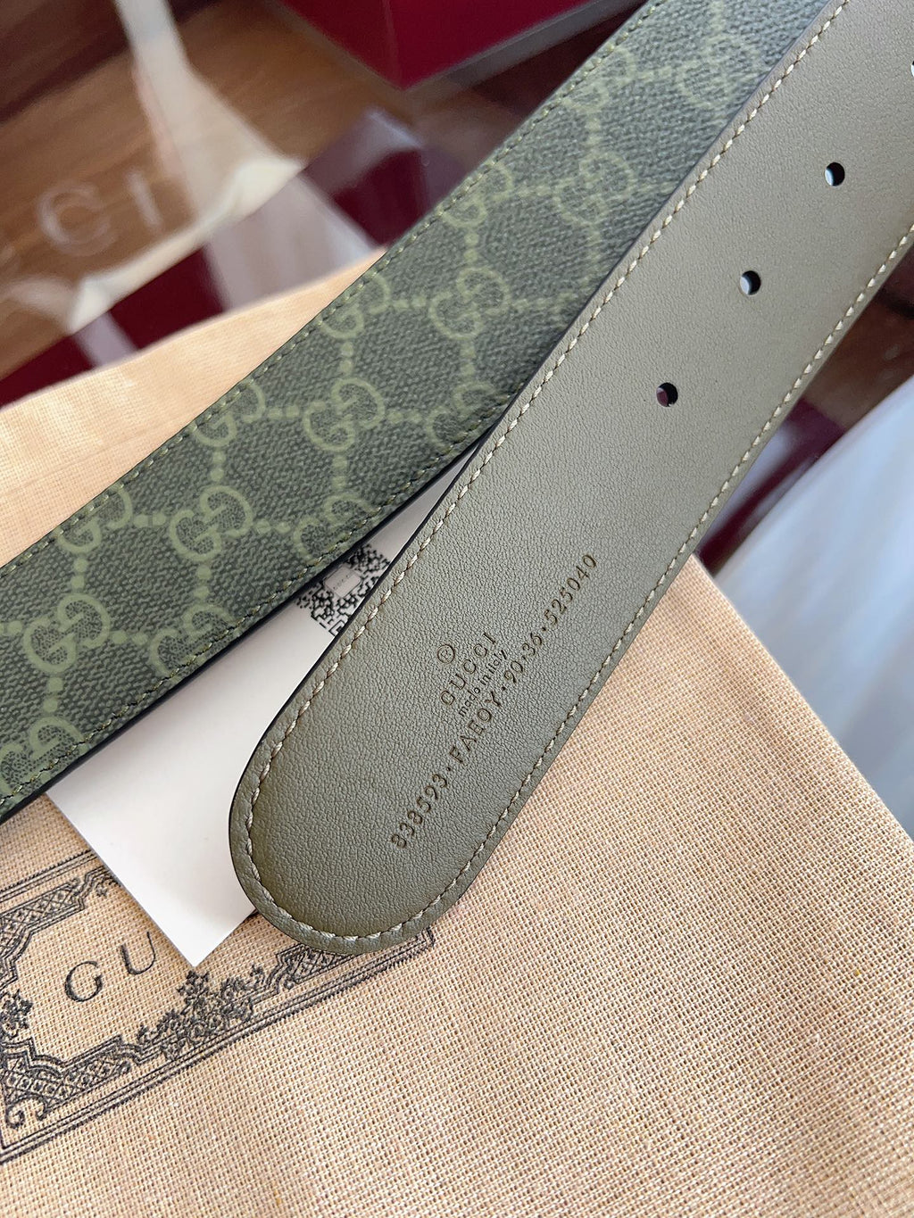 Gucci Supreme Belt Sliver Buckle 40mm Green Leather Canvas