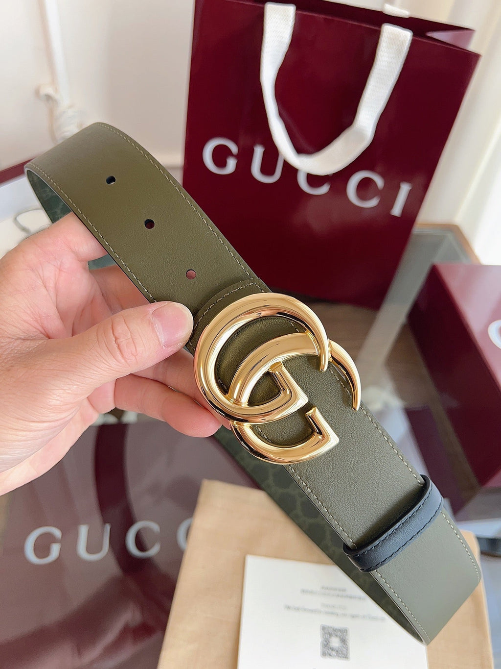 Gucci Belt  Double G Gold Buckle 40mm Green Leather Canvas