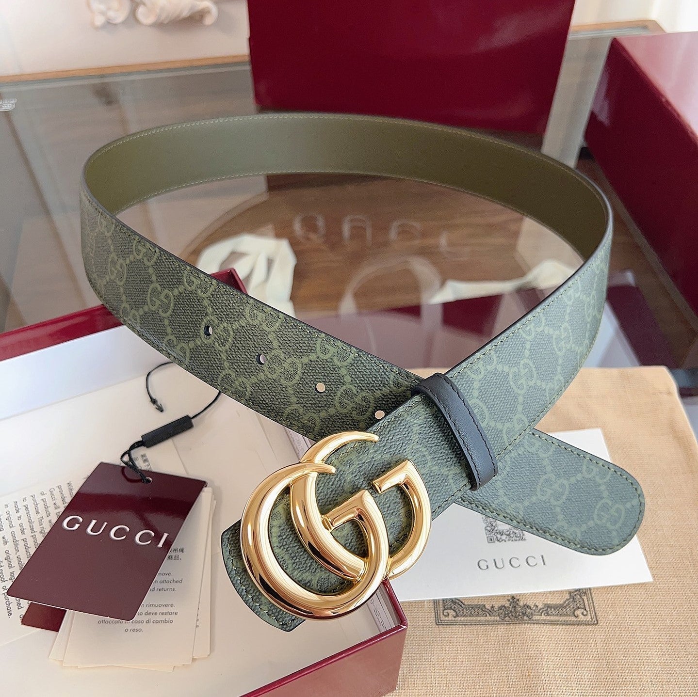 Gucci Belt  Double G Gold Buckle 40mm Green Leather Canvas
