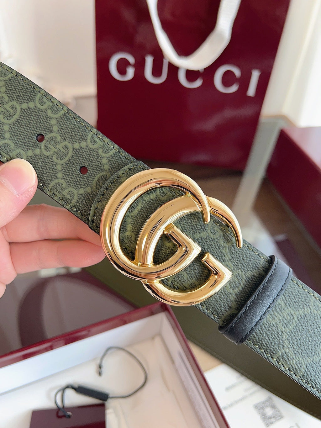 Gucci Belt  Double G Gold Buckle 40mm Green Leather Canvas