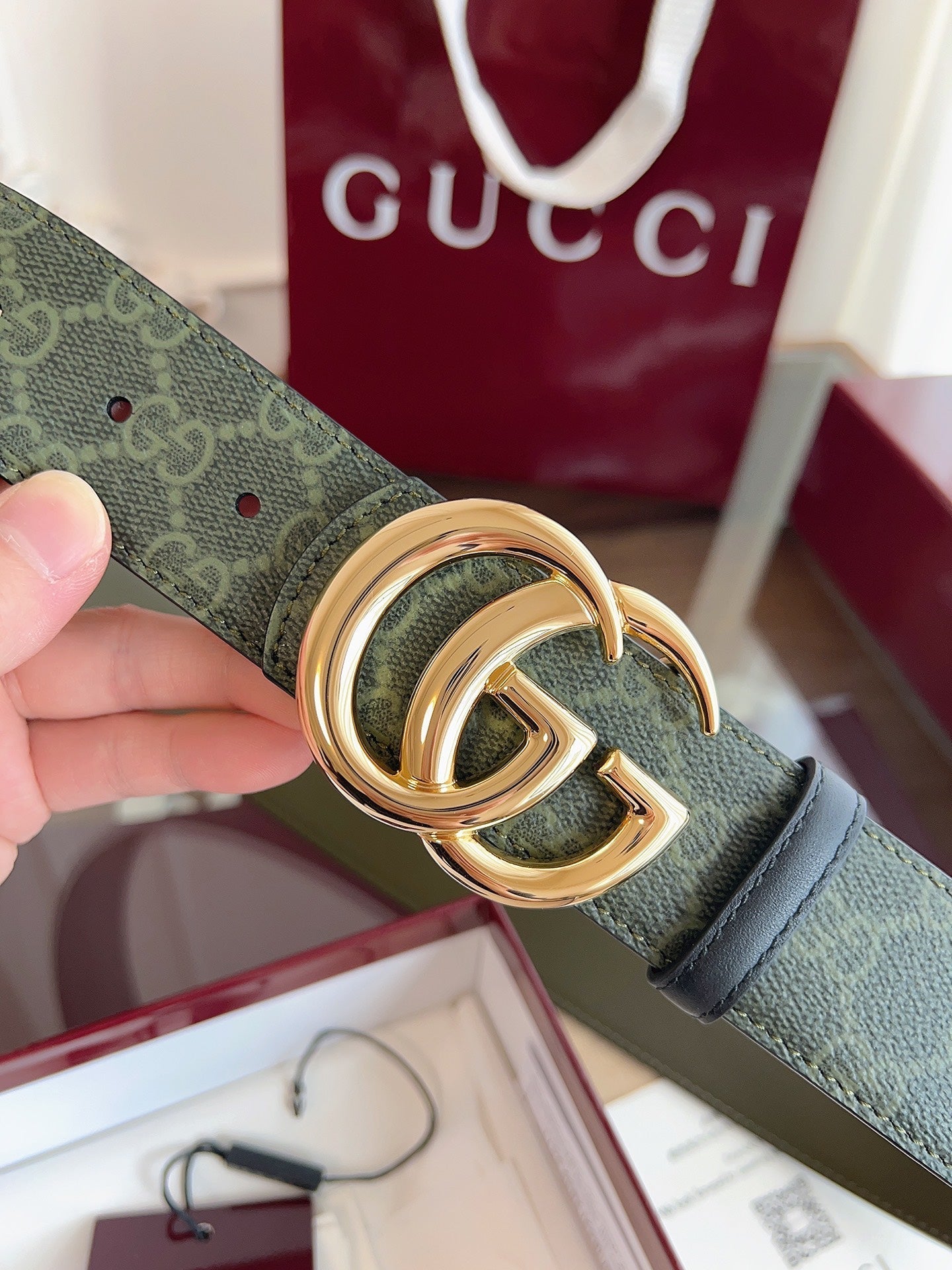 Gucci Belt  Double G Gold Buckle 40mm Green Leather Canvas