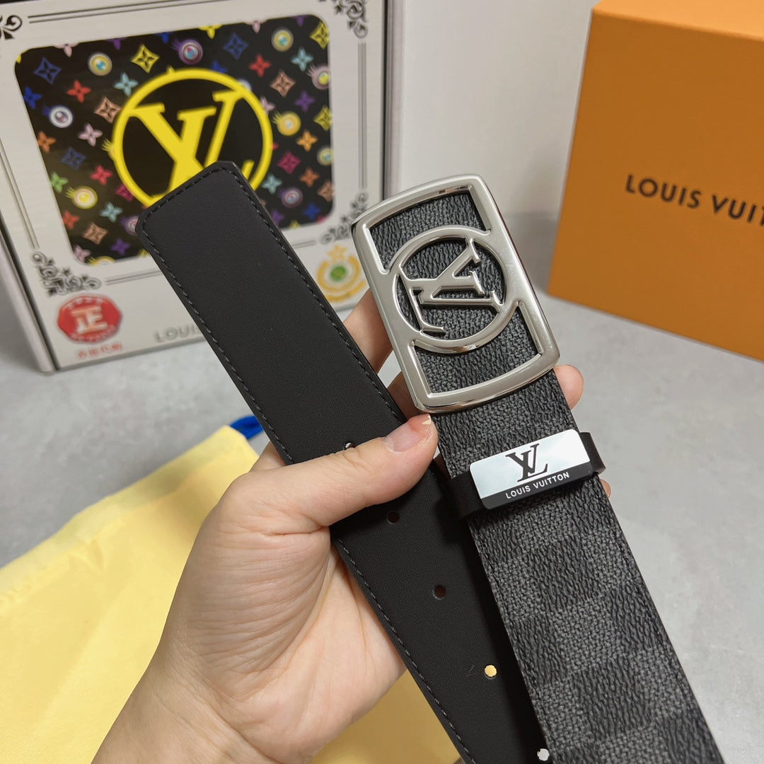 LOUIS VUITTON LV 25S BELT 38 MM IN BLACK MIX GREY CALFSKIN 593229