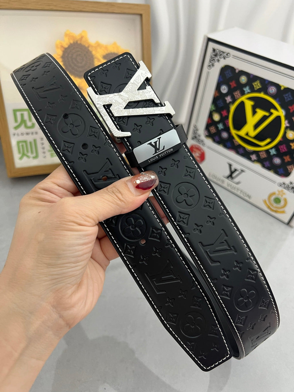 LOUIS VUITTON LV 25S BELT 38 MM IN BLACK CALFSKIN STAMP LOGO 593292