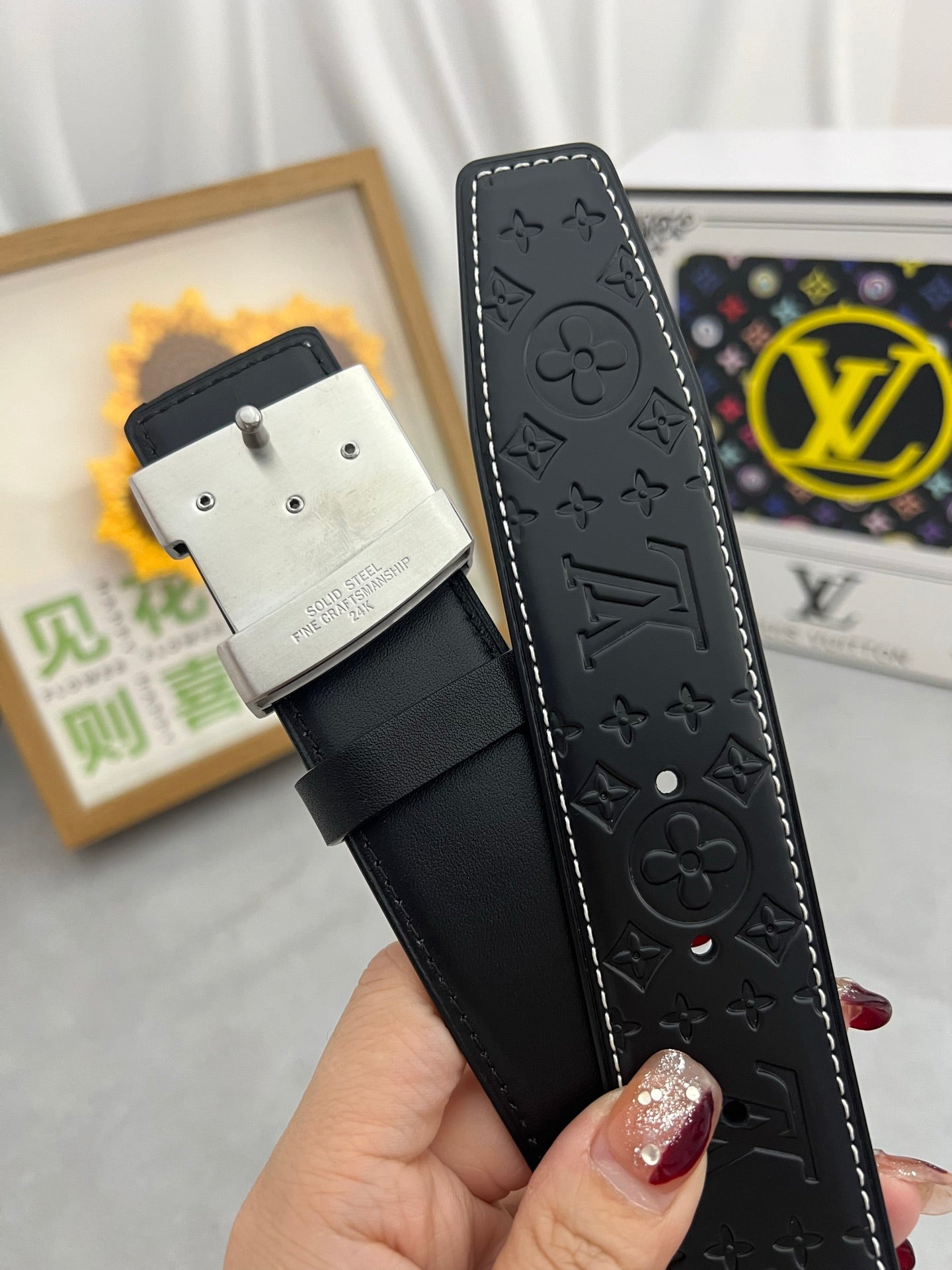 LOUIS VUITTON LV 25S BELT 38 MM IN BLACK CALFSKIN STAMP LOGO 593292