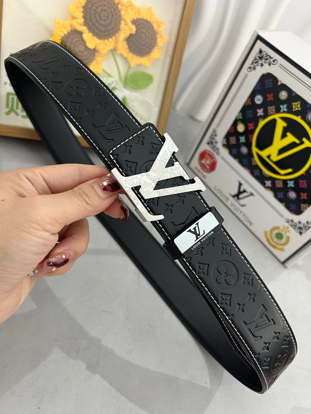 LOUIS VUITTON LV 25S BELT 38 MM IN BLACK CALFSKIN STAMP LOGO 593292