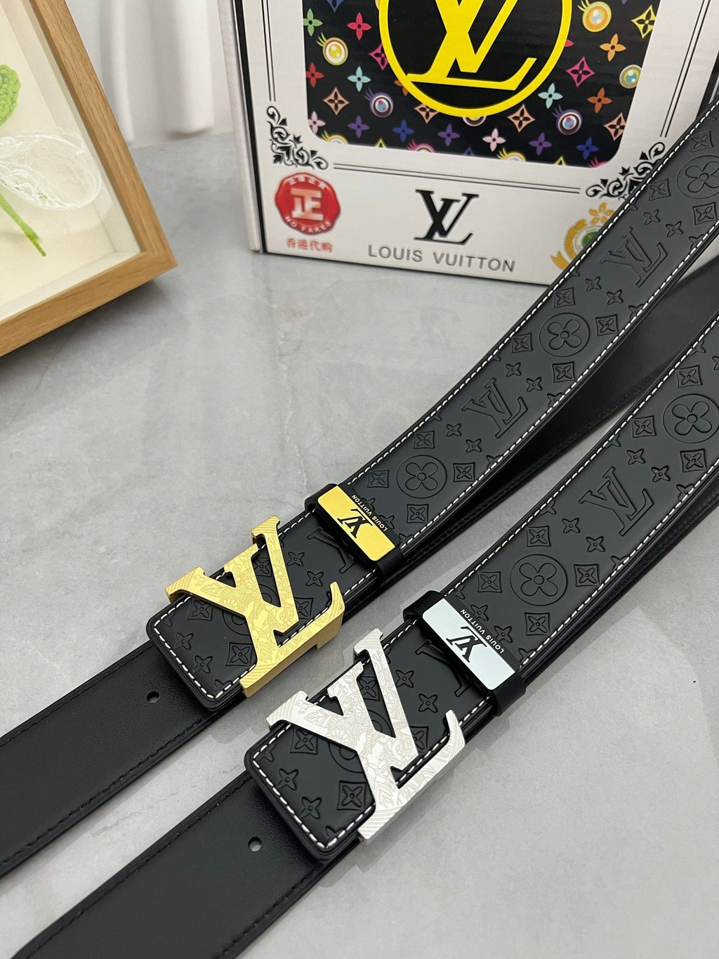 LOUIS VUITTON LV 25S BELT 38 MM IN BLACK CALFSKIN STAMP LOGO 593292
