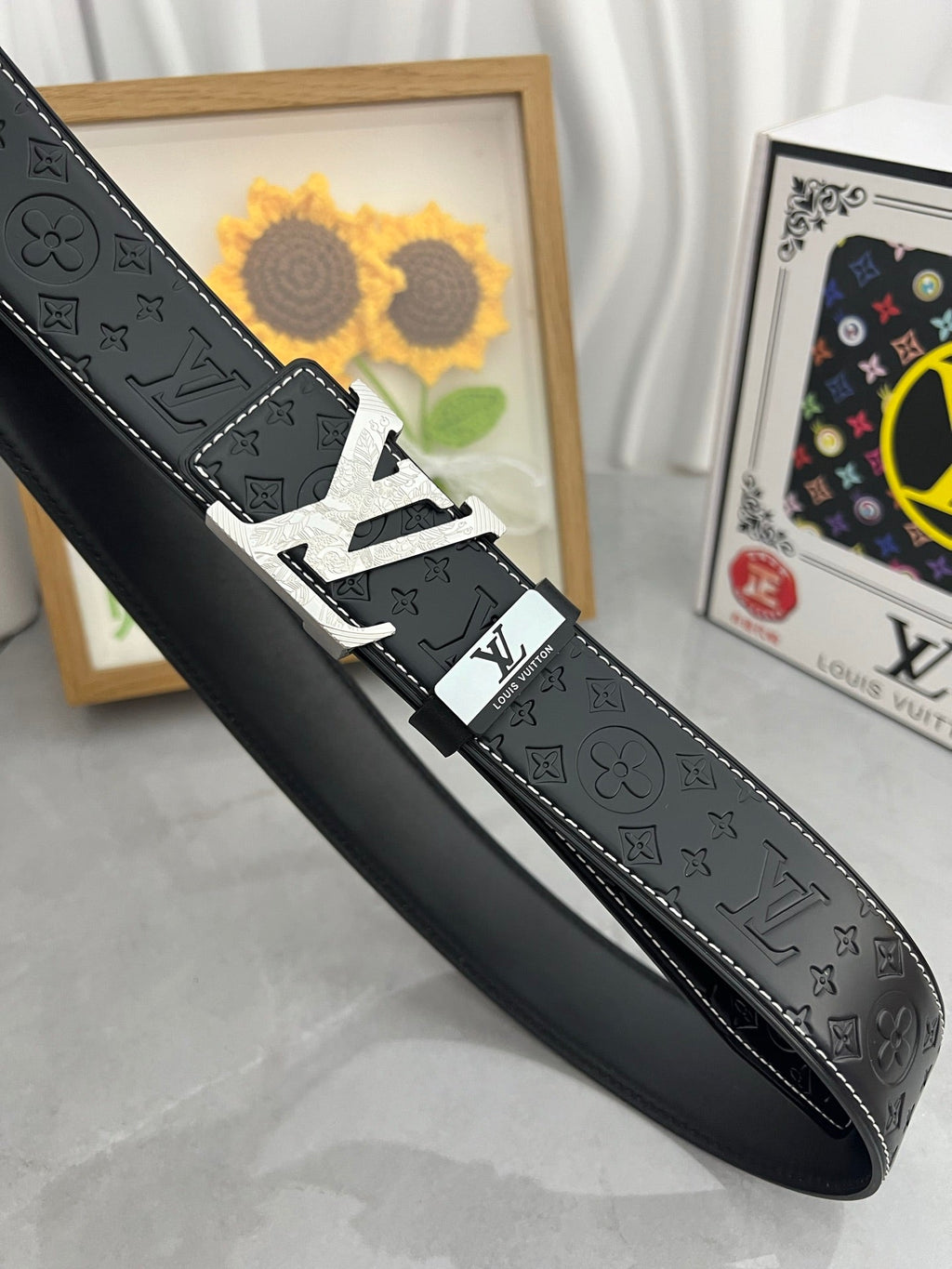 LOUIS VUITTON LV 25S BELT 38 MM IN BLACK CALFSKIN STAMP LOGO 593292