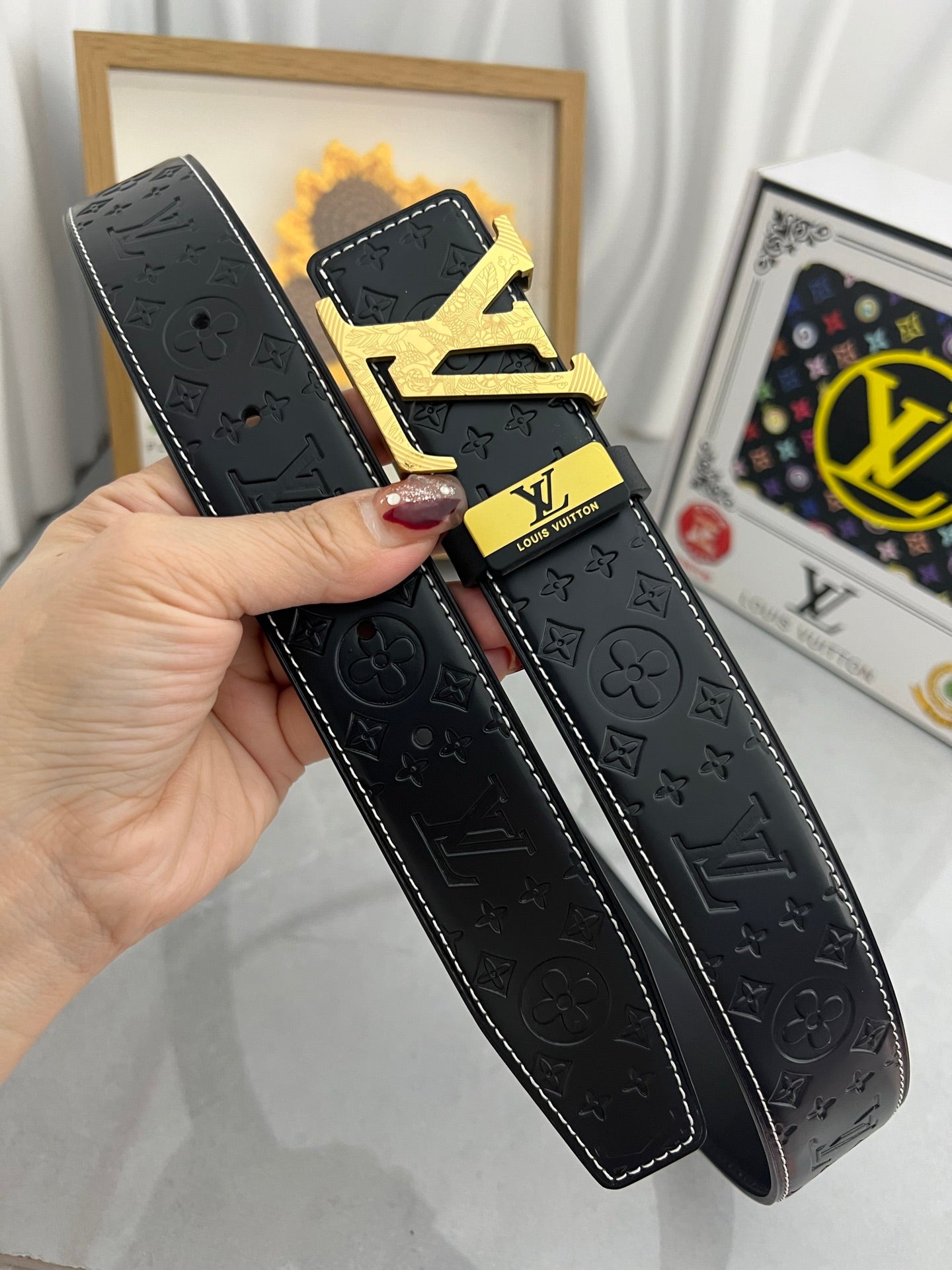 LOUIS VUITTON LV 25S BELT 38 MM IN BLACK CALFSKIN STAMP LOGO 593293