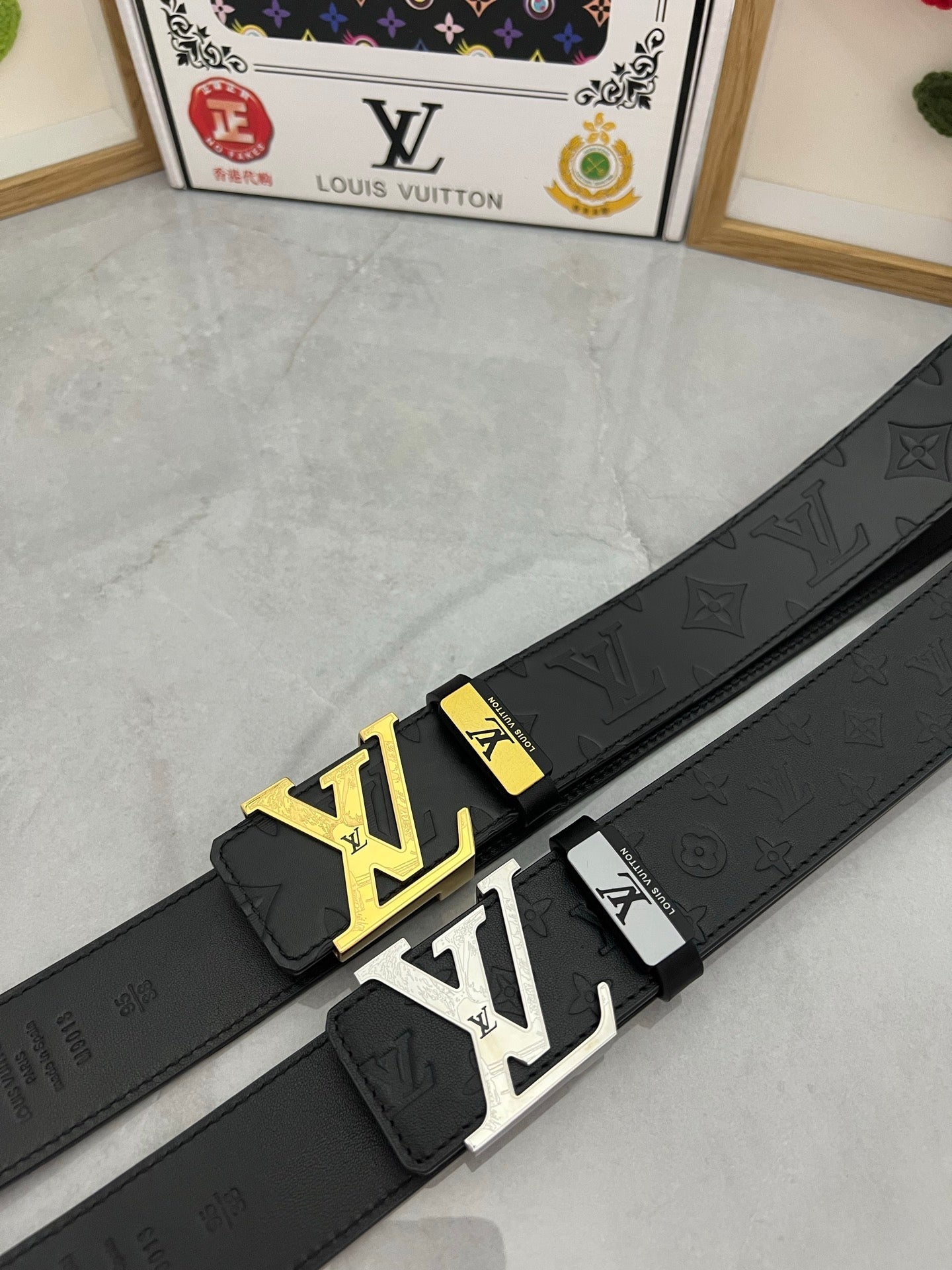 LOUIS VUITTON LV 25S BELT 38 MM IN BLACK CALFSKIN STAMP LOGO 593295