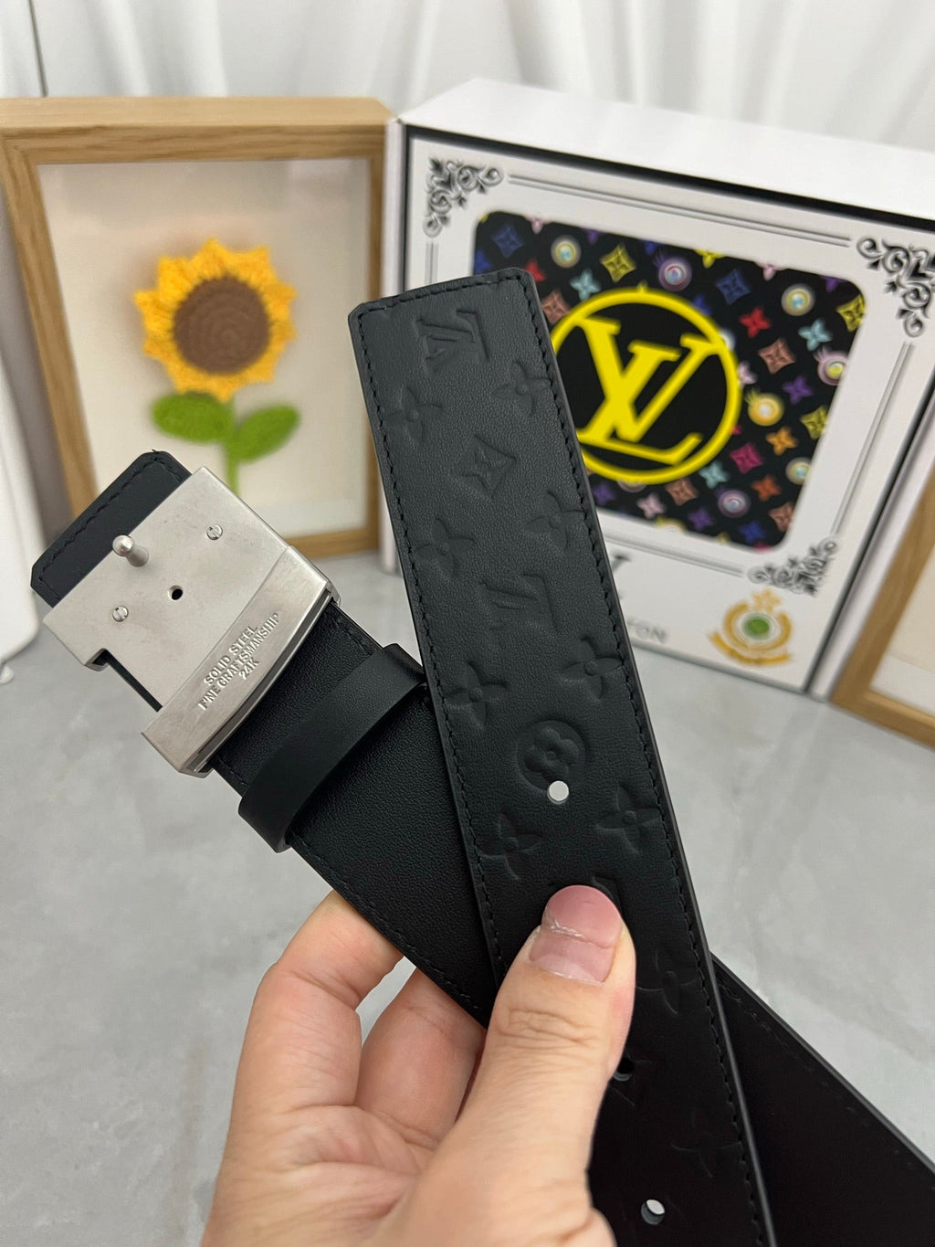 LOUIS VUITTON LV 25S BELT 38 MM IN BLACK CALFSKIN STAMP LOGO 593295