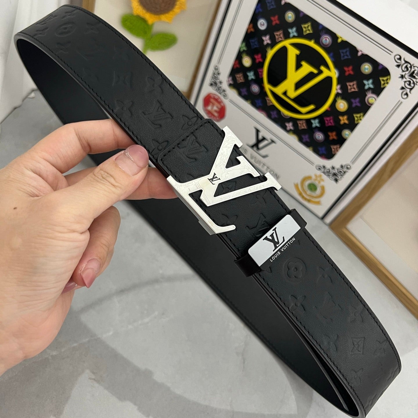 LOUIS VUITTON LV 25S BELT 38 MM IN BLACK CALFSKIN STAMP LOGO 593295