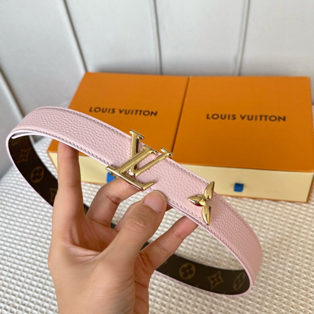 LOUIS VUITTON PRETTY LV 30MM REVERSIBLE BELT IN LIGHT PINK CALFSKIN GOLD HARDWARE