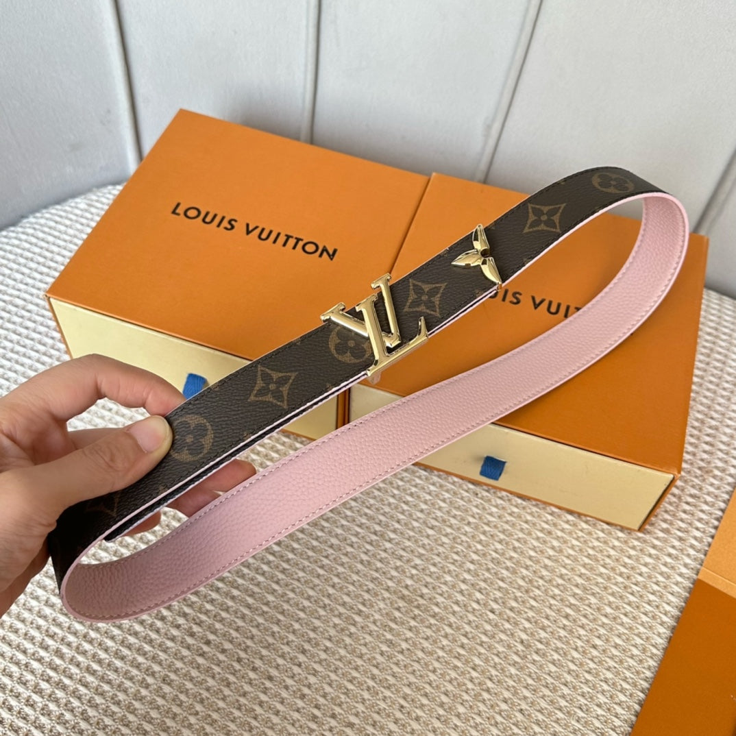 LOUIS VUITTON PRETTY LV 30MM REVERSIBLE BELT IN LIGHT PINK CALFSKIN GOLD HARDWARE