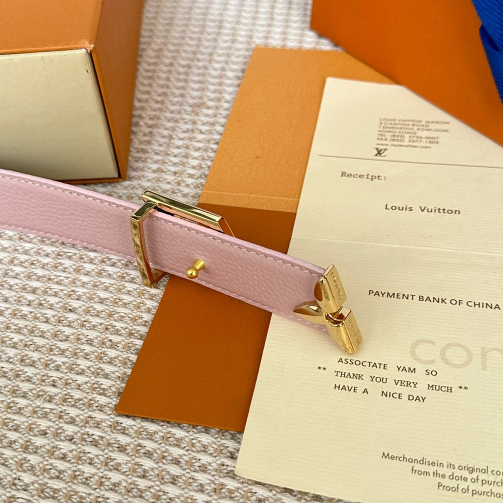 LOUIS VUITTON PRETTY LV 30MM REVERSIBLE BELT IN LIGHT PINK CALFSKIN GOLD HARDWARE