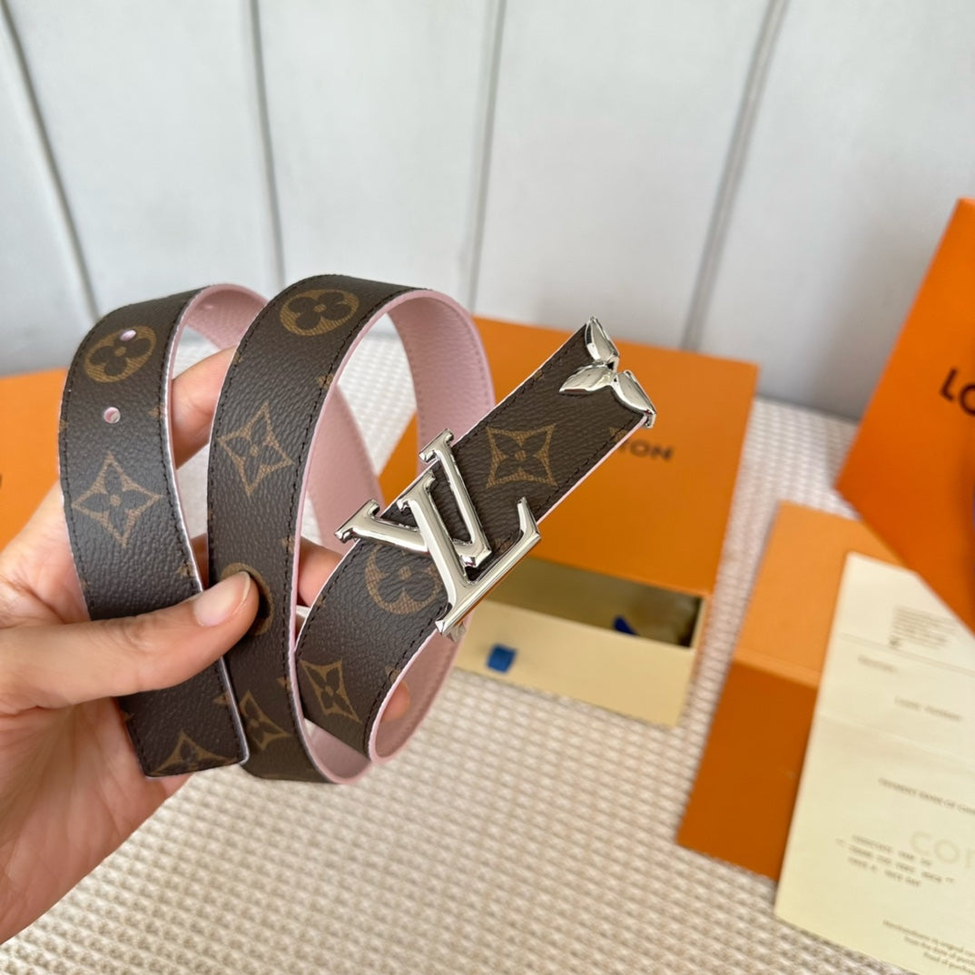 LOUIS VUITTON PRETTY LV 30MM REVERSIBLE BELT IN LIGHT PINK CALFSKIN SILVER HARDWARE