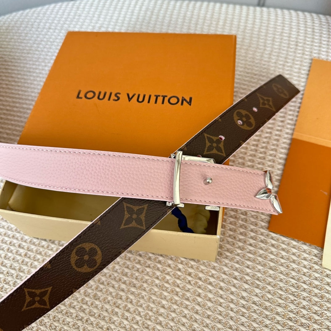 LOUIS VUITTON PRETTY LV 30MM REVERSIBLE BELT IN LIGHT PINK CALFSKIN SILVER HARDWARE