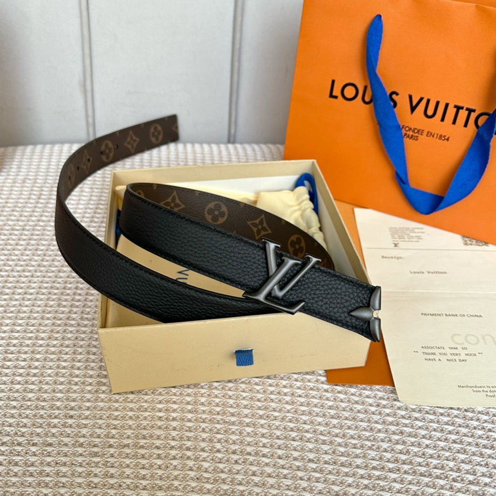 LOUIS VUITTON PRETTY LV 30MM REVERSIBLE BELT IN BLACK CALFSKIN BLACK HARDWARE