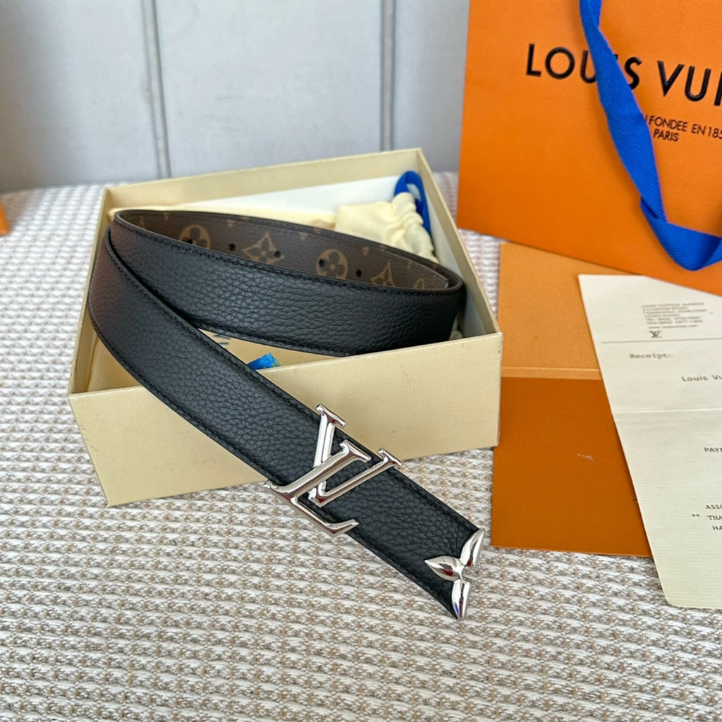 LOUIS VUITTON PRETTY LV 30MM REVERSIBLE BELT IN BLACK CALFSKIN SILVER HARDWARE