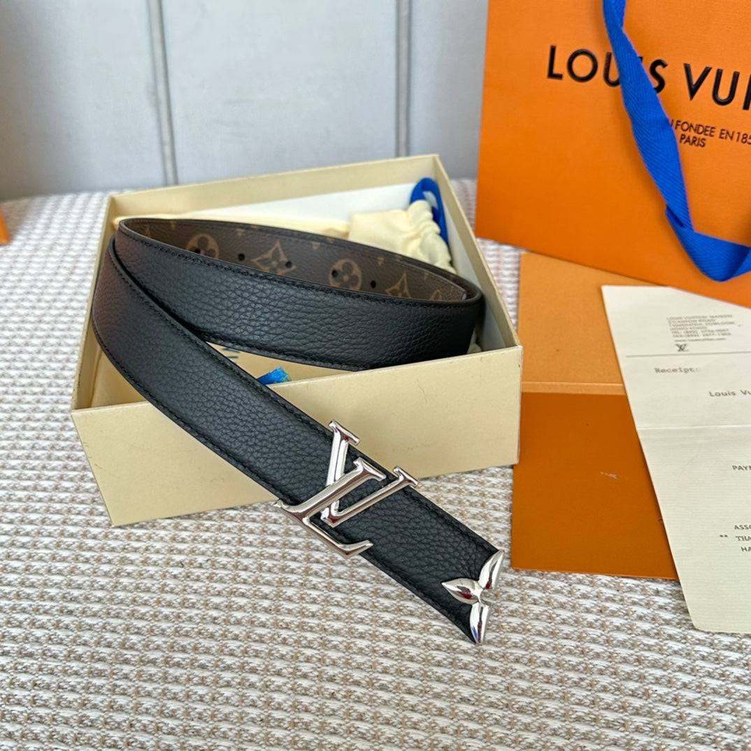 LOUIS VUITTON PRETTY LV 30MM REVERSIBLE BELT IN BLACK CALFSKIN SILVER HARDWARE