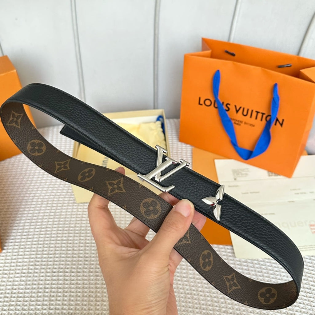LOUIS VUITTON PRETTY LV 30MM REVERSIBLE BELT IN BLACK CALFSKIN SILVER HARDWARE