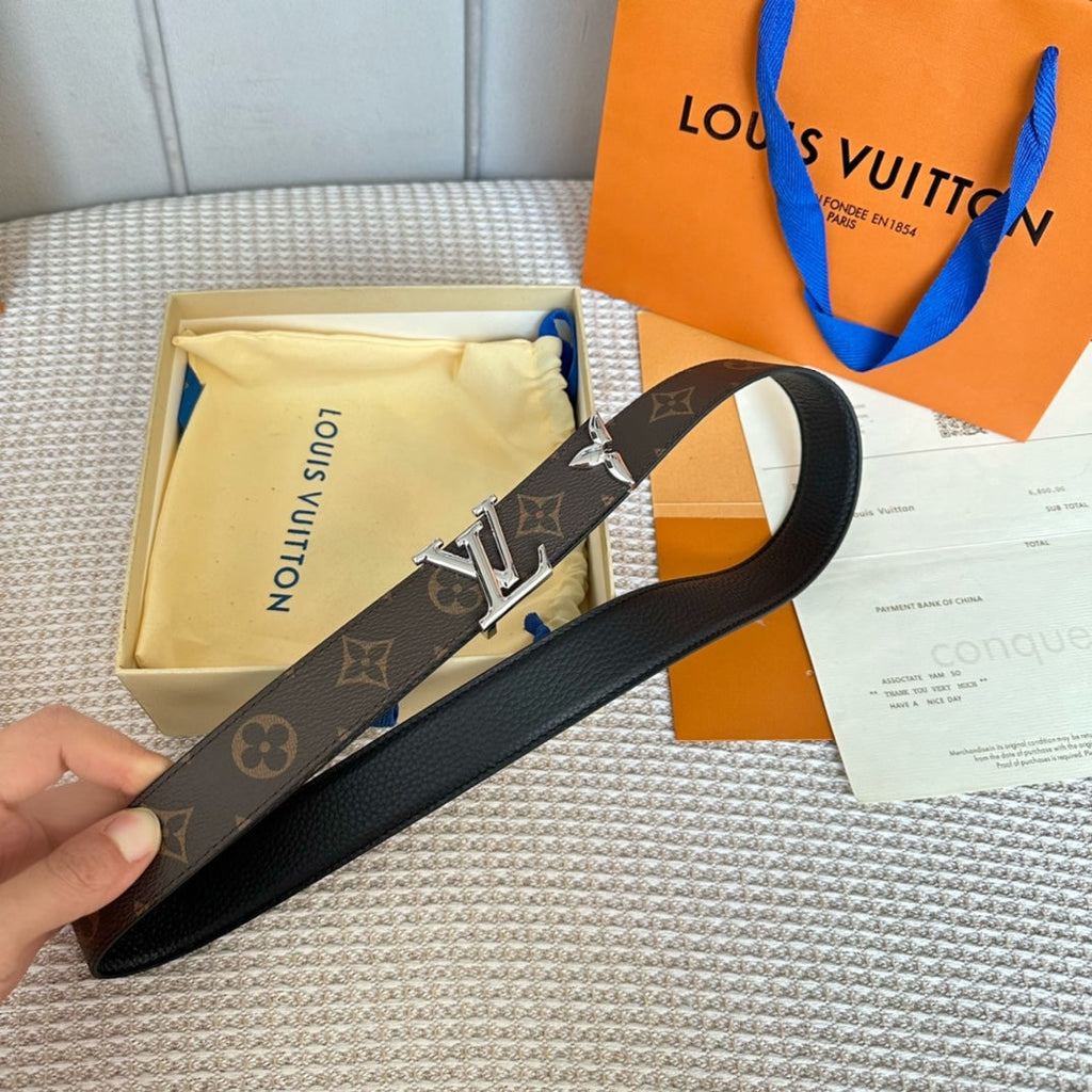 LOUIS VUITTON PRETTY LV 30MM REVERSIBLE BELT IN BLACK CALFSKIN SILVER HARDWARE