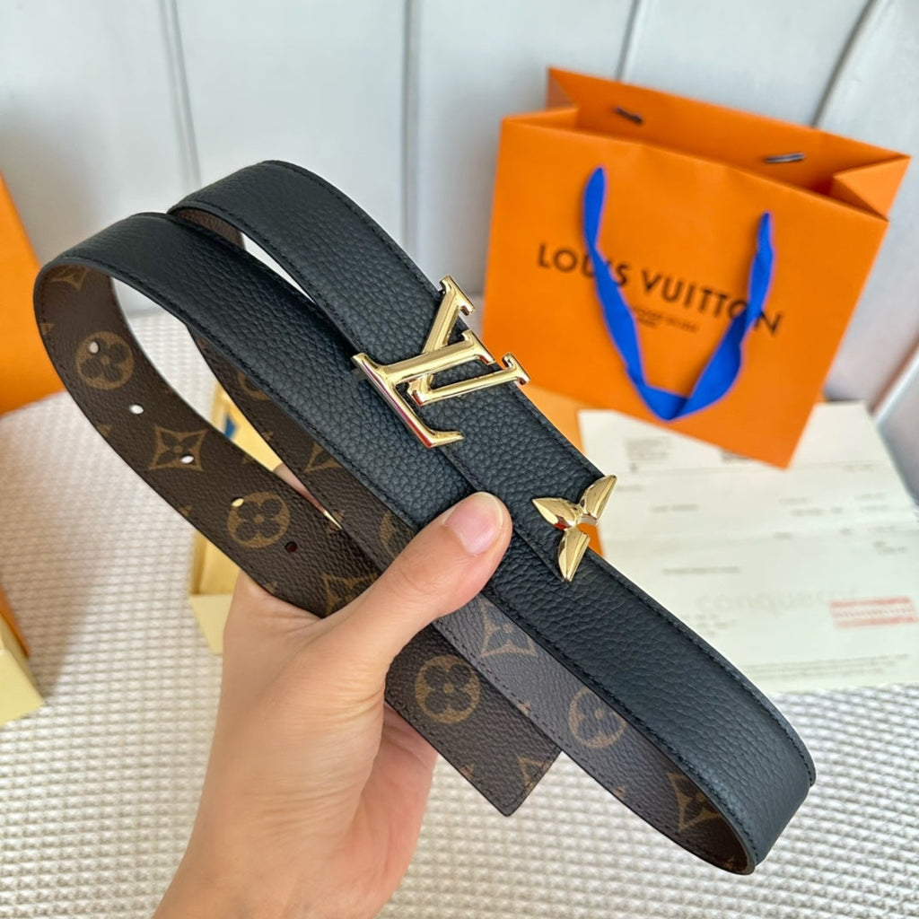 LOUIS VUITTON PRETTY LV 30MM REVERSIBLE BELT IN BLACK CALFSKIN GOLD HARDWARE