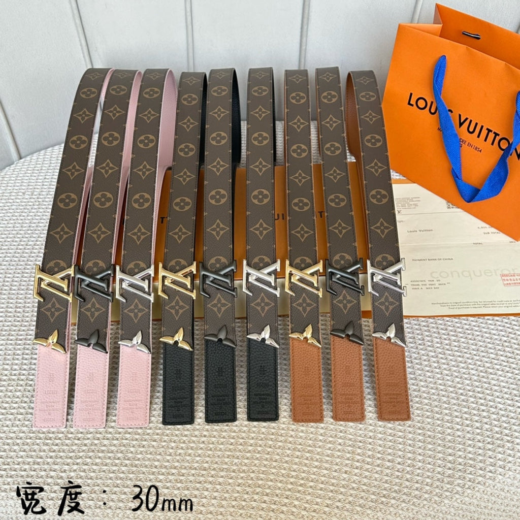 LOUIS VUITTON PRETTY LV 30MM REVERSIBLE BELT IN BLACK CALFSKIN GOLD HARDWARE