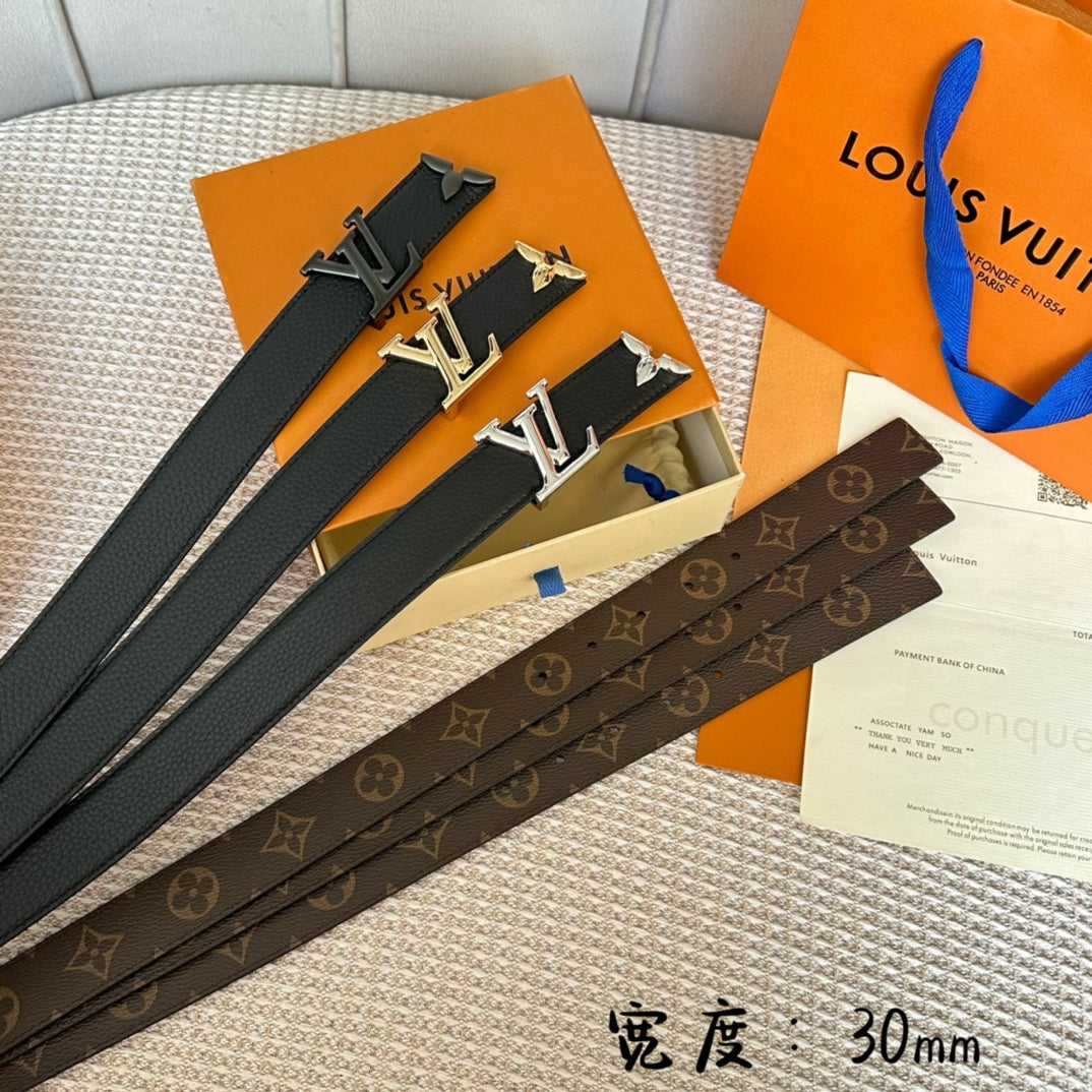 LOUIS VUITTON PRETTY LV 30MM REVERSIBLE BELT IN BLACK CALFSKIN GOLD HARDWARE