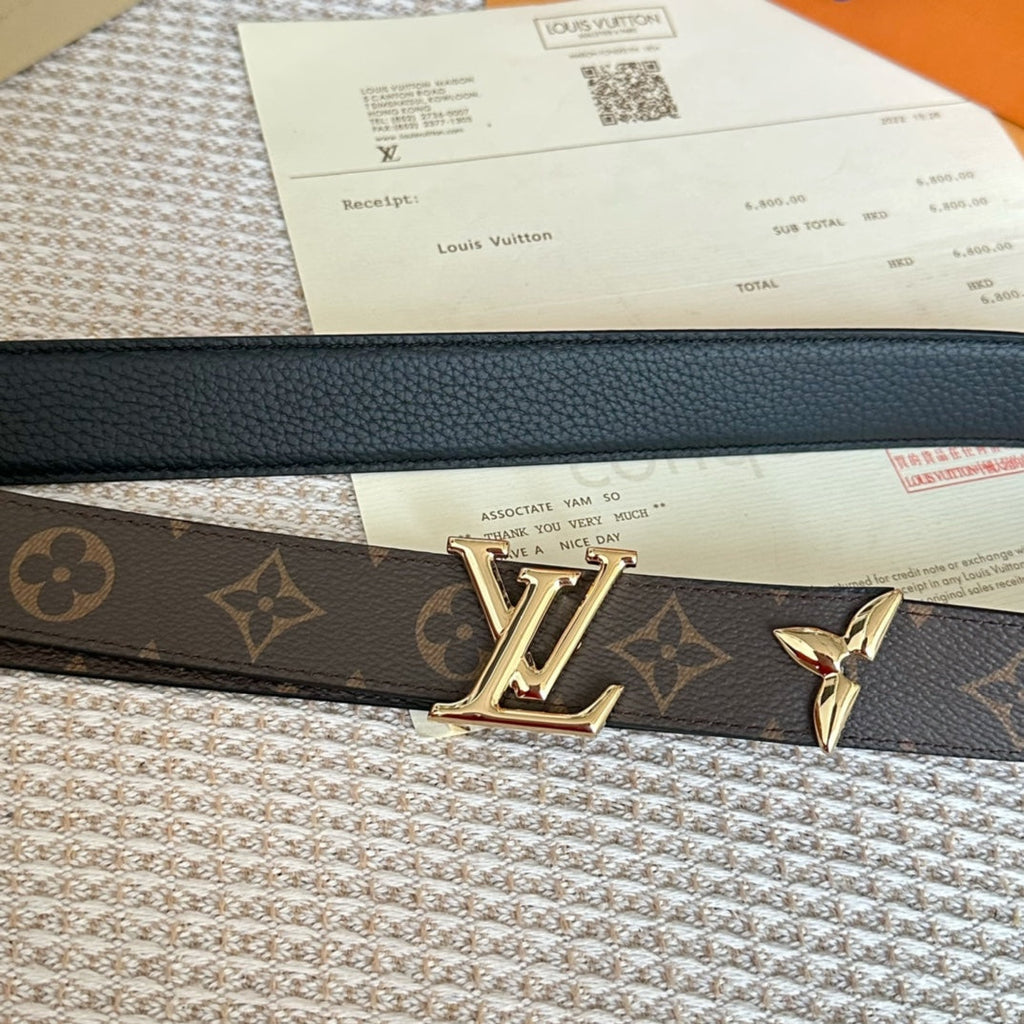 LOUIS VUITTON PRETTY LV 30MM REVERSIBLE BELT IN BLACK CALFSKIN GOLD HARDWARE