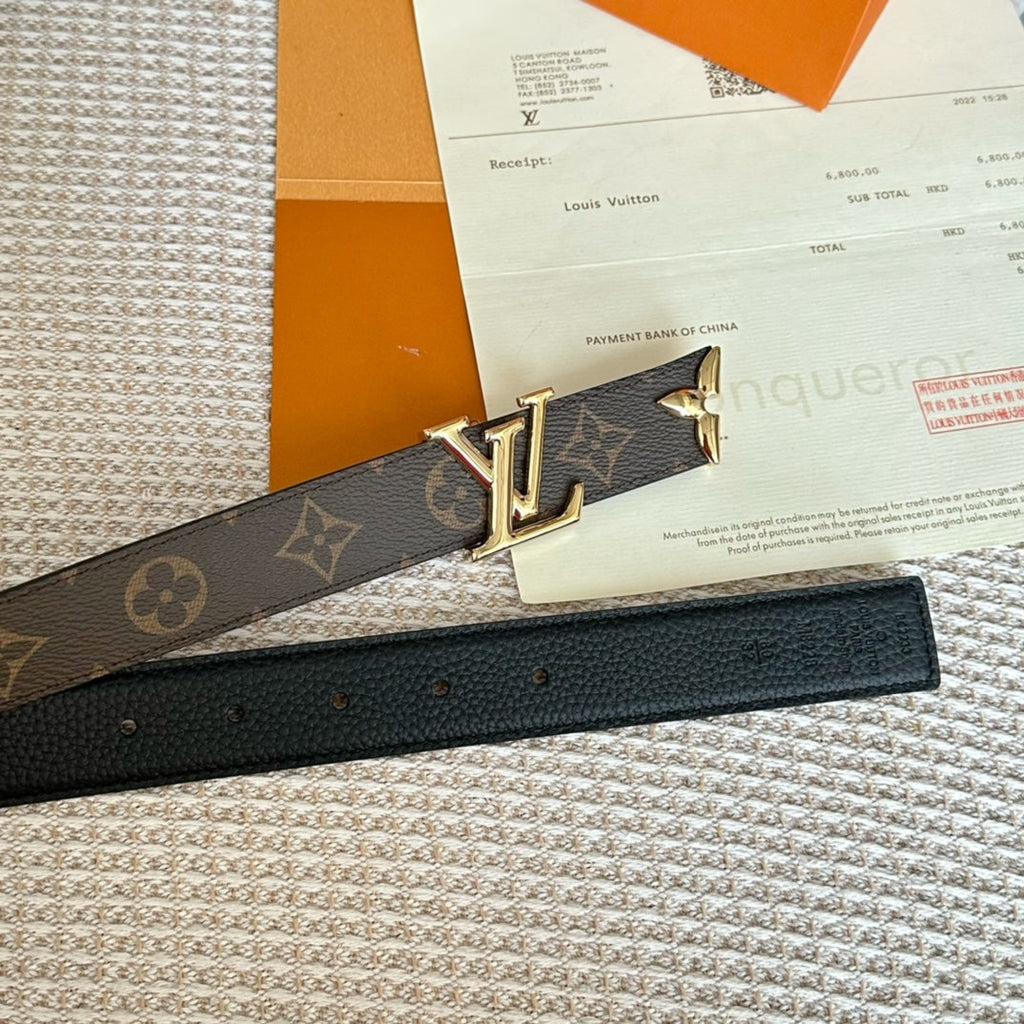 LOUIS VUITTON PRETTY LV 30MM REVERSIBLE BELT IN BLACK CALFSKIN GOLD HARDWARE