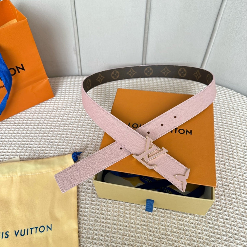 LOUIS VUITTON Pretty LV 30mm Reversible Belt Pink Gold Buckle Pink Brown Leather