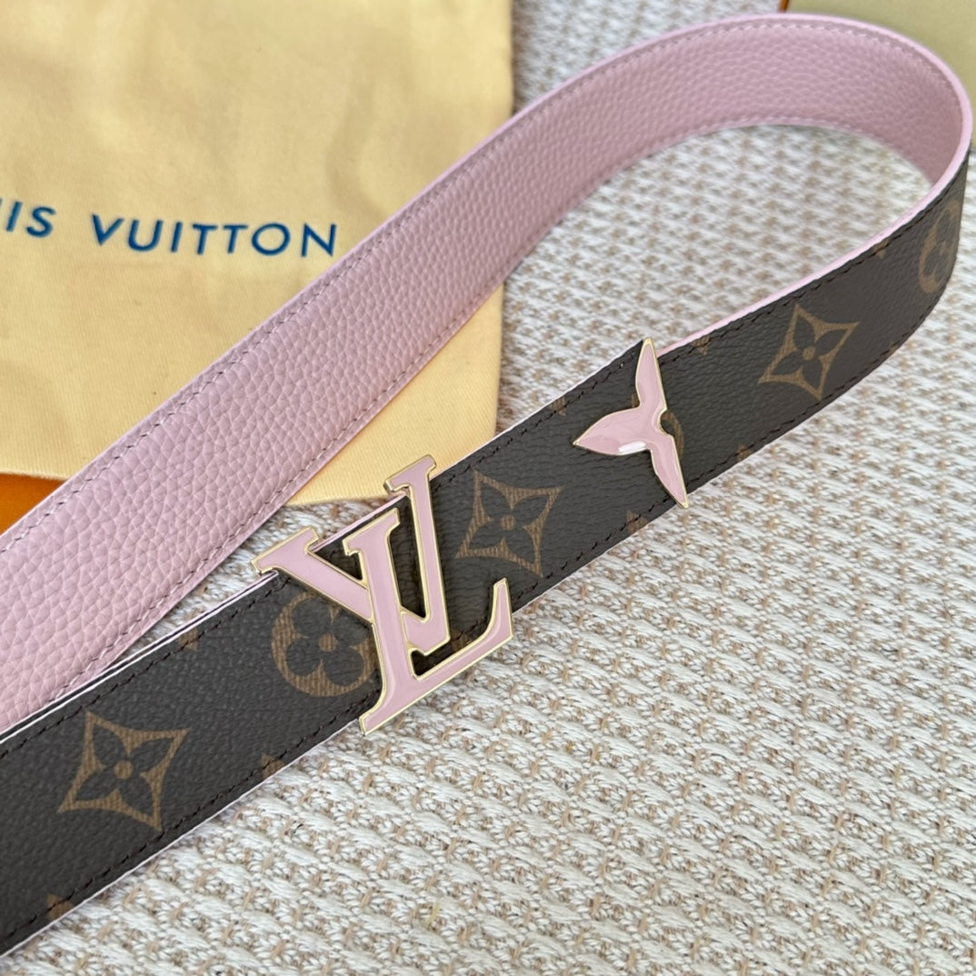 LOUIS VUITTON Pretty LV 30mm Reversible Belt Pink Gold Buckle Pink Brown Leather