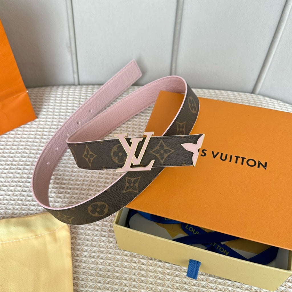 LOUIS VUITTON Pretty LV 30mm Reversible Belt Pink Gold Buckle Pink Brown Leather